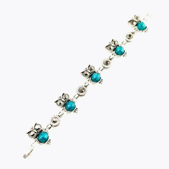 Blue Turquoise SilverTone Pendant Necklace Bracelet and Earrings Set Owl Theme - Picture 5 of 5